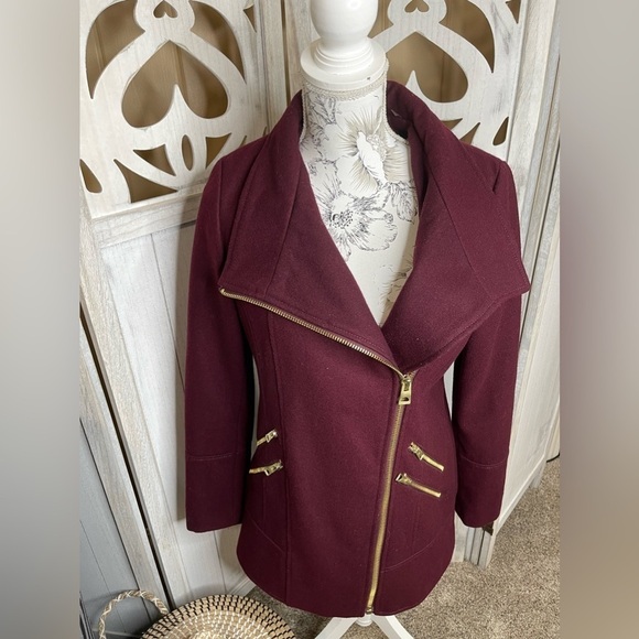 Guess Jacket Women’s Maroon Purple Wool Moto Coat Full Zip Lined Size Small - Picture 2 of 5